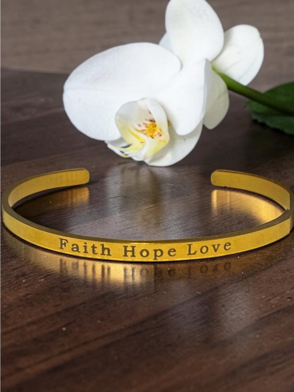 Gold 'Faith Hope Love' Inspirational Cuff Bracelet 18K SS open cuff engraved